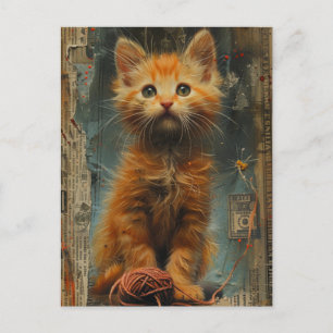 Carte Postale Ginger Kitten Yarn Collage Médias mixtes
