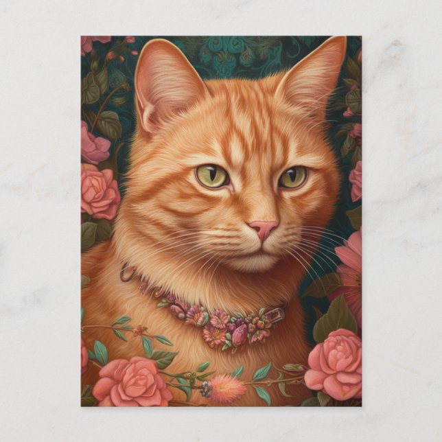 Carte Postale Ginger Tabby Chat et Roses (Devant)
