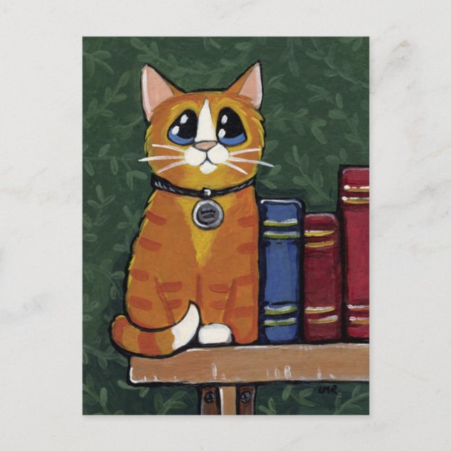 Carte Postale Ginger Tabby Chat sur la bibliothèque Illustration (Devant)