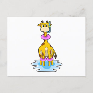 Carte Postale Girafe à la piscine avec un bouée de natation