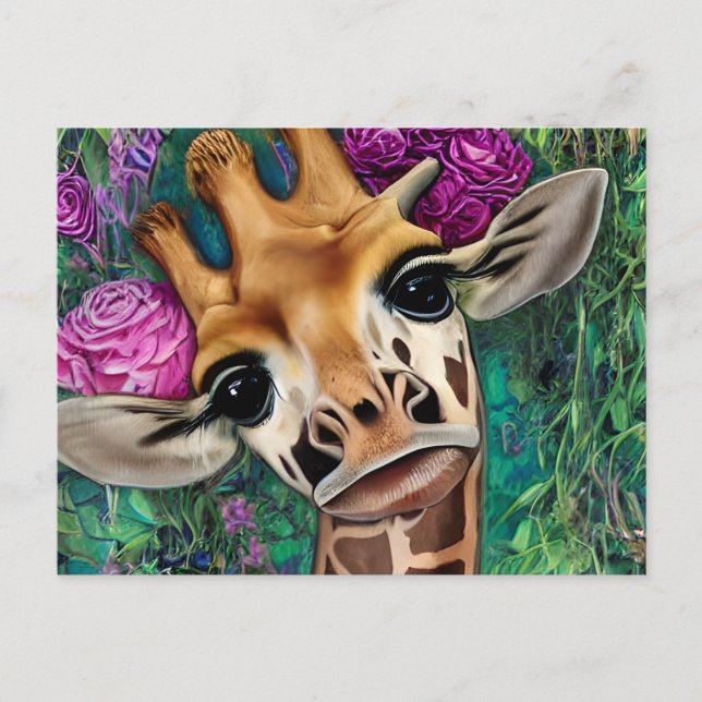 Carte Postale Girafe avec Rose et aquarelle (Devant)