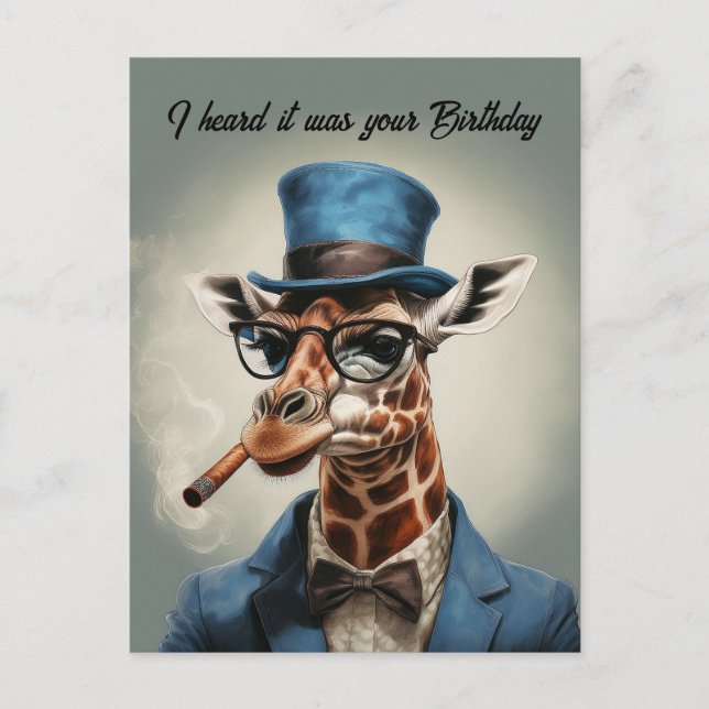 Carte Postale Girafe en haut chapeau et veste Joyeux anniversair (Devant)