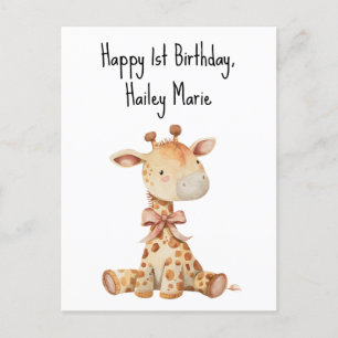 Carte Postale Girafe en peluche personnalisée pour premier anniv