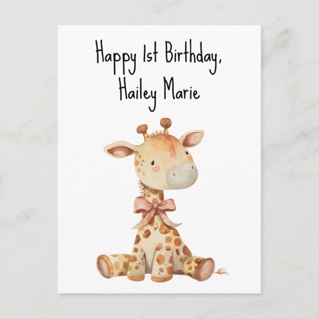 Carte Postale Girafe en peluche personnalisée pour premier anniv (Devant)