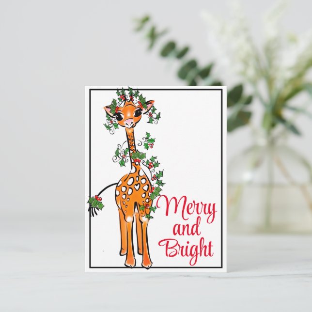 Carte Postale Girafe festive de vacances | guirlande de Noël rou (Debout devant)