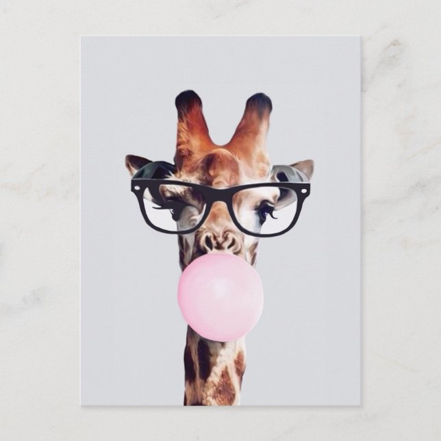 Carte Postale Girafe Portant des lunettes soufflant rose bulle g (Devant)