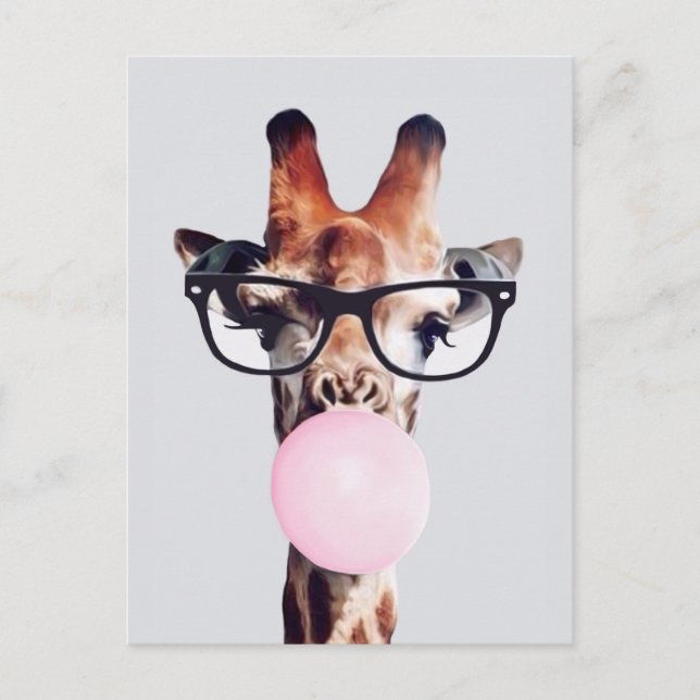 Carte Postale Girafe Portant des lunettes soufflant rose bulle g (Devant)