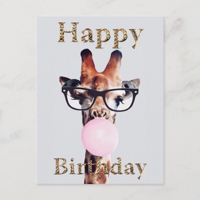Carte Postale Girafe Portant des lunettes soufflant rose bulle g (Devant)