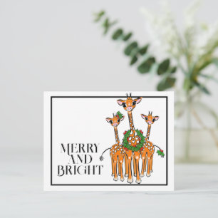 Carte Postale Girafes festifs de vacances Couronne de Noël rou
