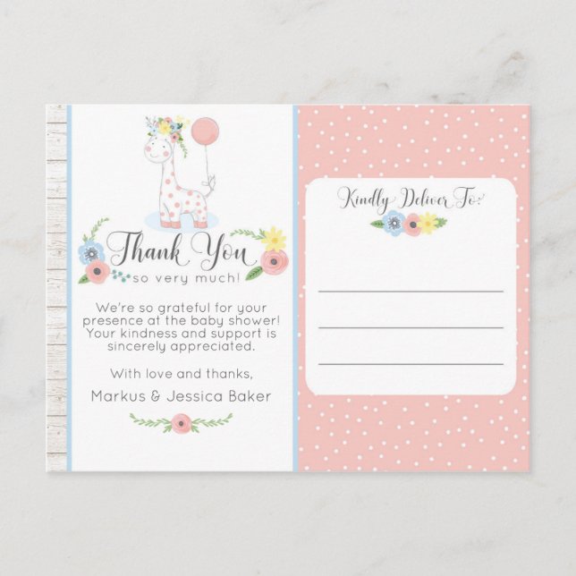 Carte Postale Giraffe Baby shower mignonne Merci floral photo (Devant)