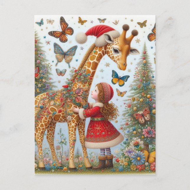 Carte Postale Giraffe et enfant Père Noël magnifique (Devant)