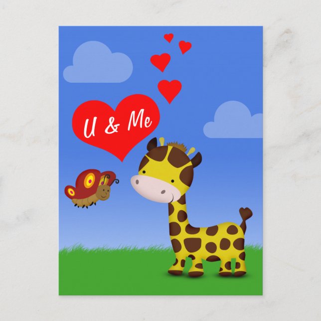 Carte Postale Giraffe et papillon en amour (Devant)