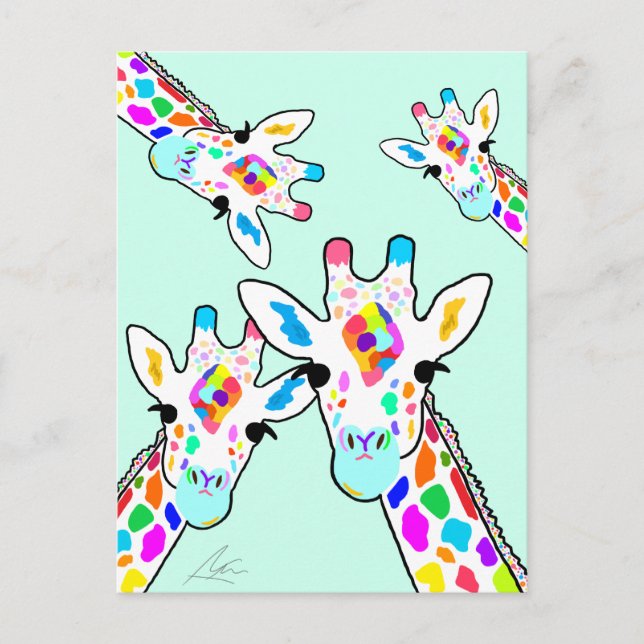Carte Postale Giraffe Famille Peint à la main Art Mint Green (Devant)