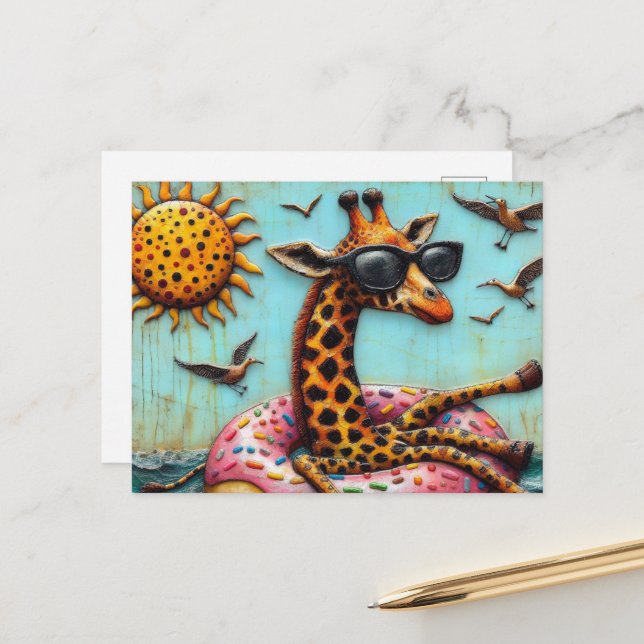 Carte Postale Giraffe mignonne sur le dispositif de flottaison d (Devant/Arrière en situation)