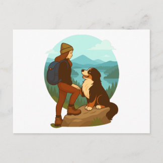 Carte Postale Girl and Mountain Dog Adventure Illustration