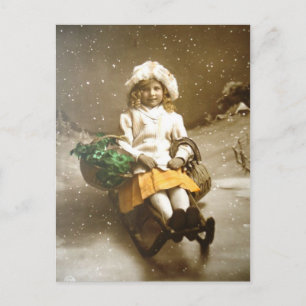 Carte Postale GIrl victorien vintage sur traîneau