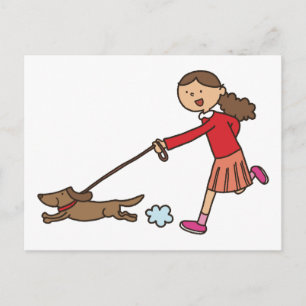 Carte Postale Girl Walking Dog - Dog Walker - mignon dessin anim