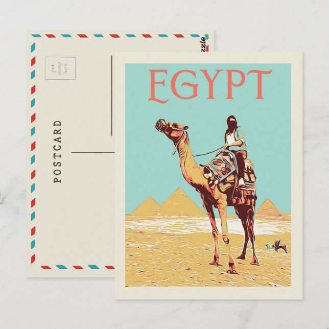 Carte Postale Gizeh, Pyramides à chameau illustration Egypt Post (Devant / Derrière)