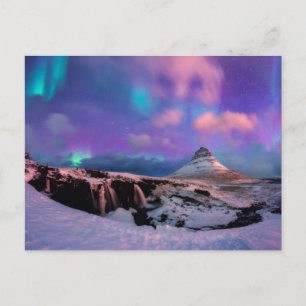 Carte Postale Glace et neige   Lumières du Nord, montagne Kirkju
