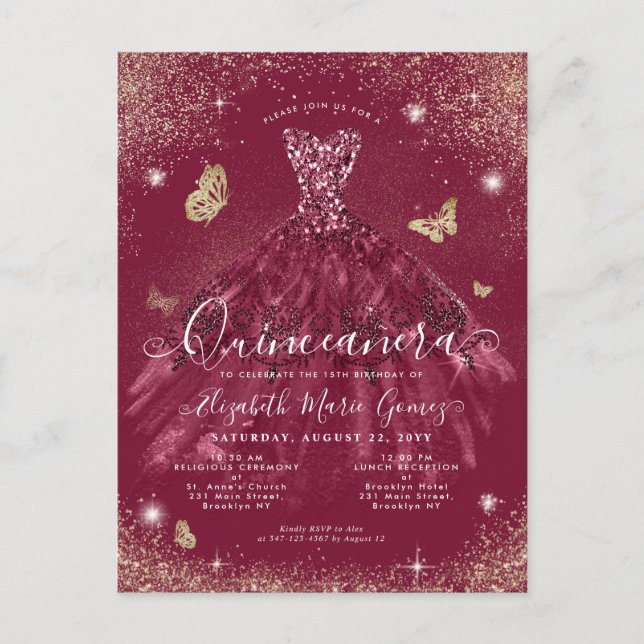 Carte Postale Glam Burgundy Red Gold Parties scintillant Gown Qu (Devant)
