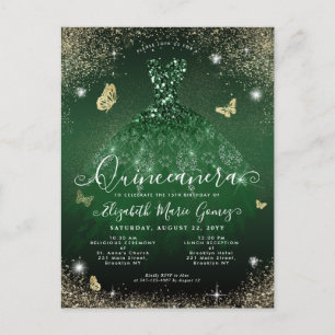Carte Postale Glam Emerald Green Gold Parties scintillant Gown Q