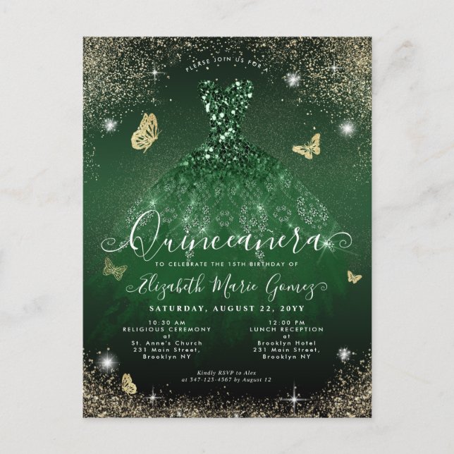 Carte Postale Glam Emerald Green Gold Parties scintillant Gown Q (Devant)