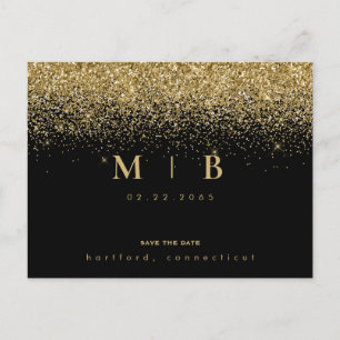 Carte Postale Glam Gold Monogramme Noir Enregistrer la date 