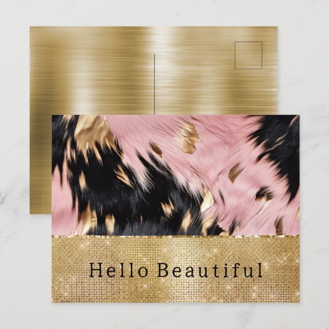Carte Postale Glam Gold Sparkle Rose Black Cowhide (Devant / Derrière)
