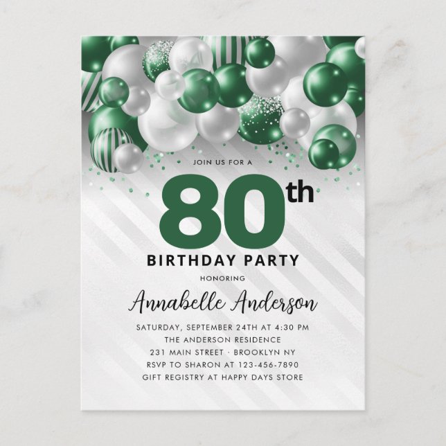 Carte Postale Glam Green Silver Balloon Parties scintillant 80e  (Devant)