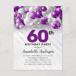 Carte Postale Glam Purple Silver Balloon Parties scintillant 60e