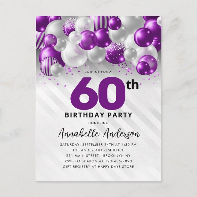 Carte Postale Glam Purple Silver Balloon Parties scintillant 60e (Devant)
