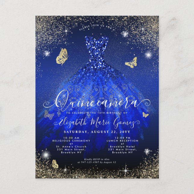 Carte Postale Glam Royal Blue Gold Parties scintillant Gown Quin (Devant)