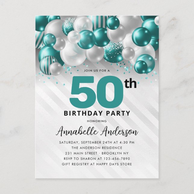 Carte Postale Glam Turquoise Silver Balloon Parties scintillant  (Devant)