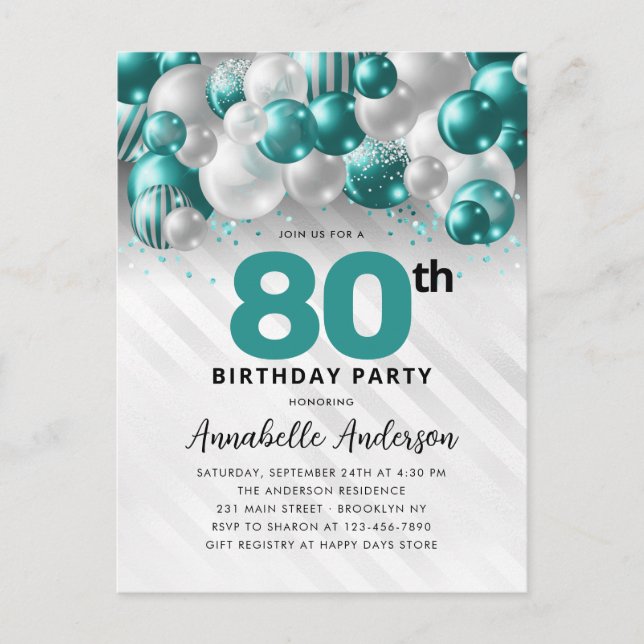 Carte Postale Glam Turquoise Silver Balloon Parties scintillant  (Devant)