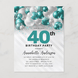 Carte Postale Glam Turquoise Silver Balloon Parties scintillant
