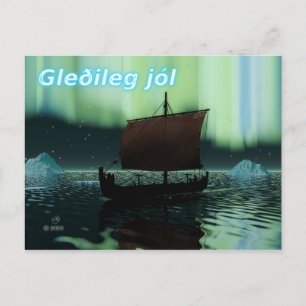 Carte Postale Gleðileg Jól - Viking Ship Et Northern Lights