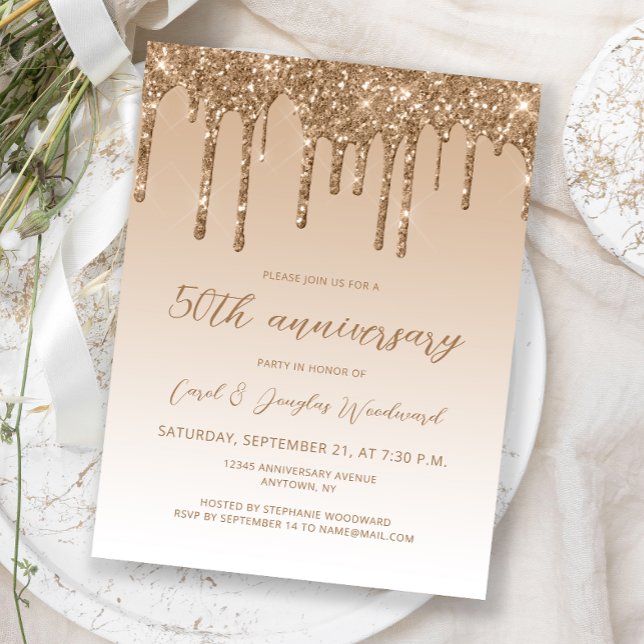 Carte Postale Glitter Drip Or 50e Anniversaire Script (Créateur téléchargé)