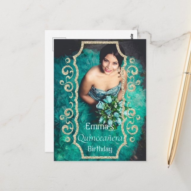 Carte Postale Glitter Photo Noir Or Quinceañera Anniversaire  (Devant/Arrière en situation)