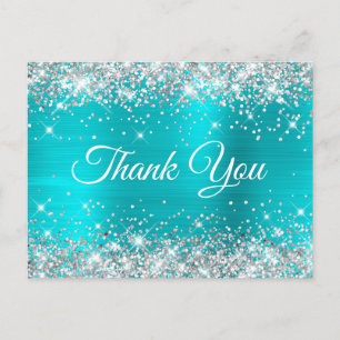 Carte Postale Glitterie Argent Turquoise Bleu Doux 16 Merci
