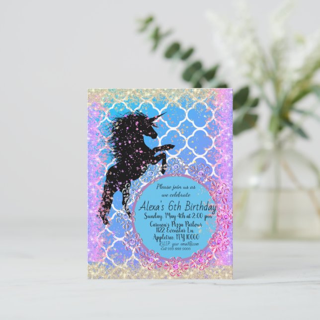 Carte Postale Glittery Starry Whimsical Unicorn Personnalisé (Debout devant)