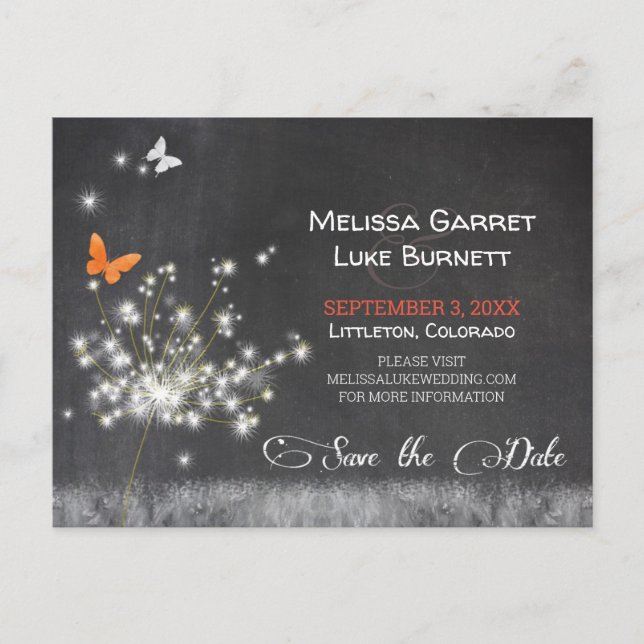 Carte Postale Glitzy Dandelion Chalkboard Mariage Enregistrer la (Devant)