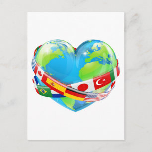 Carte Postale globe cardiaque avec drapeaux