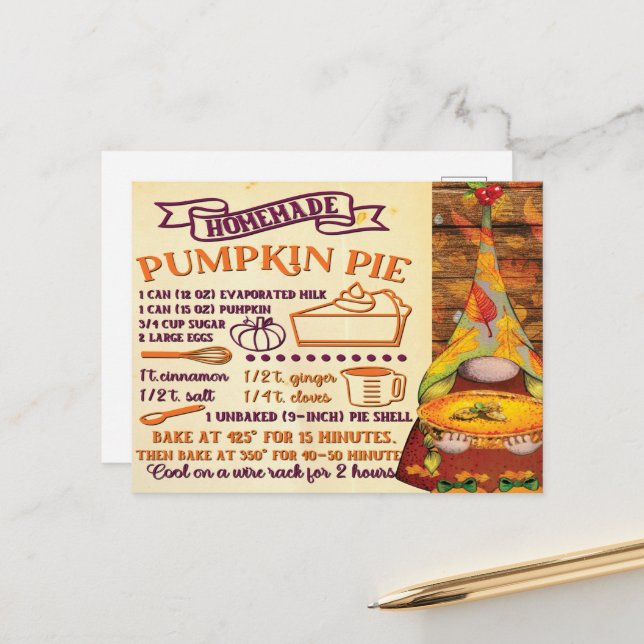 Carte Postale Gnome à tarte Citrouille fraîche (Devant/Arrière en situation)