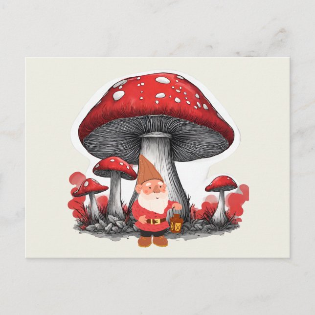 Carte Postale Gnome et champignons rouges géants  (Devant)