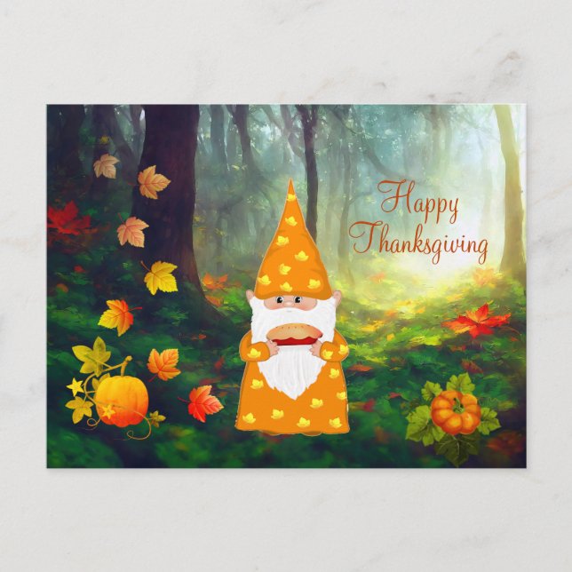 Carte Postale Gnome mignonne, Feuilles automnales et Citrouilles (Devant)