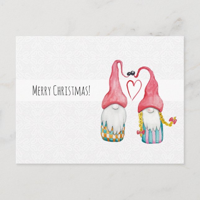 Carte Postale Gnomes de Noël en amour Aquarelle peinte à la main (Devant)