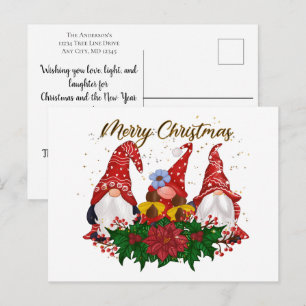Carte Postale Gnomes de Noël Poinsettia Noël Tendance