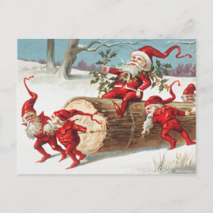 Carte Postale Gnomes dragging a cut tree trunk through the snow