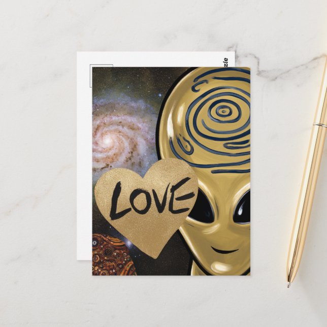 Carte Postale Gold Alien Love (Devant/Arrière en situation)