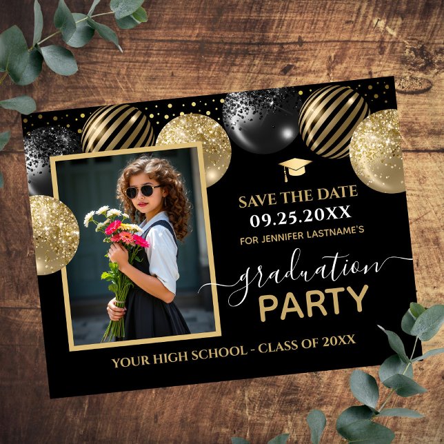 Carte Postale Gold Black Graduation Party Photo Enregistrer la d (Créateur téléchargé)